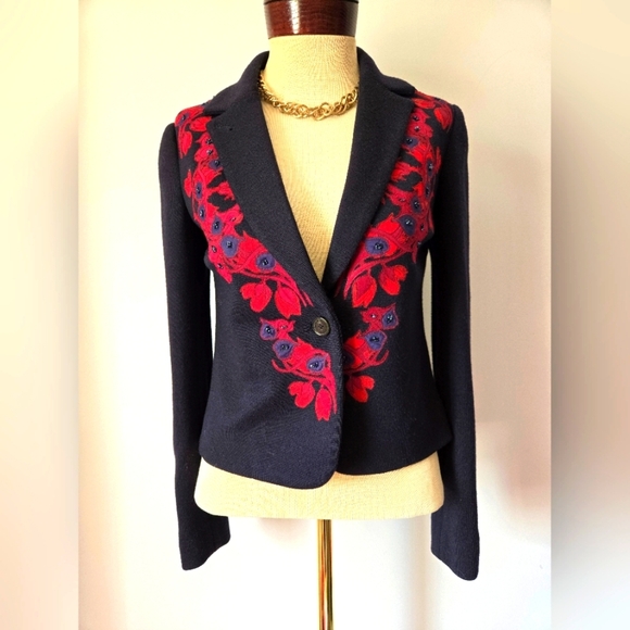 TORY BURCH Navy Wool Fitted Blazer With Red Floral Embroidery. Size XS - Picture 1 of 12